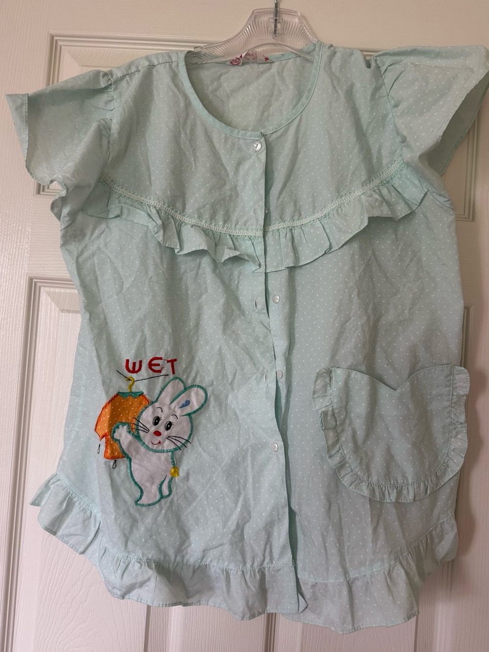 Light Mint Polka Dot Ruffle Button-Front Top with Bunny